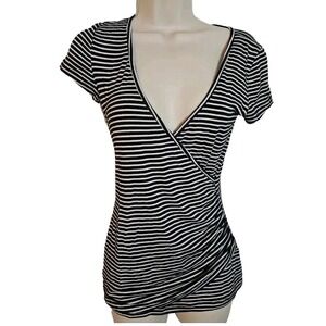 Cache‎ Metallic Striped Print Faux Wrap Top Short Sleeve Women's Sz XS Stretchy